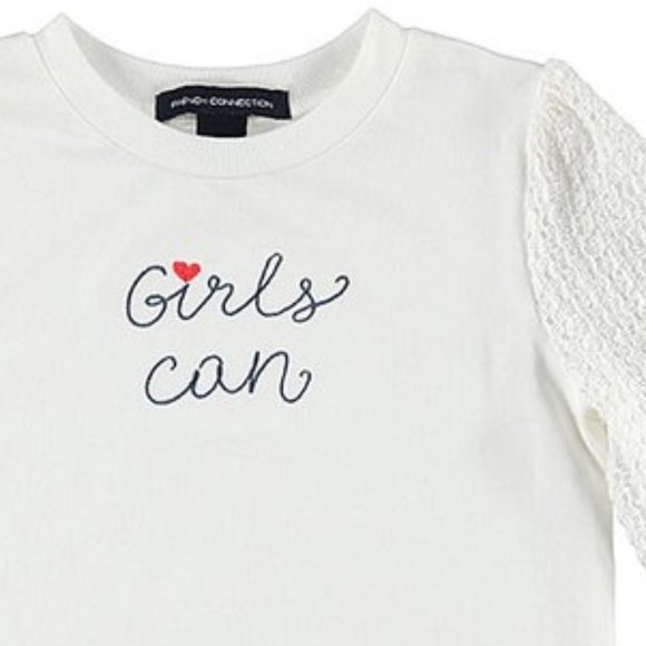 NEW French Connection Kid "Girls can" Script Cable Lace Balloon Sleeve Dress Top - Picture 2 of 3